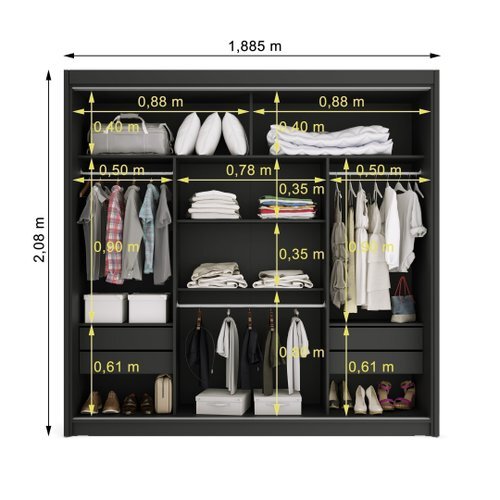Guarda-Roupa Casal com Espelho 3 Portas 4 Gavetas Viena Yescasa Preto